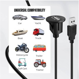 TNP USB Einbaubuchse Kabel - 1m, Kfz USB Einbau Buchse Kabel, USB Verlängerungskabel, runder USB Armaturenbrett Kabel, Stecker auf Buchse Adapter für Auto, LKW, Boot, Motorrad, schwarz