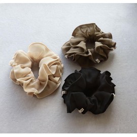 JewelVOX Chou Hair Accessory with Pearl, Chiffon, Simple, Adult, Stylish, Cute, Trendy, Greige Choice