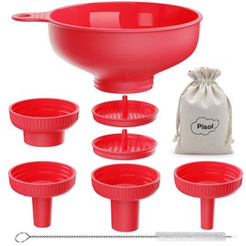Pisol Wide Mouth Versatile Funnel, Canning Funnels for Kitchen Use, Food Grade Plastic Cooking Funnel Set with 4 Size Spouts and 2 Strainers for Filling Different Bottles and Bags, Red