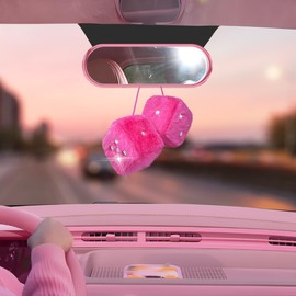 Murimt Bling Pink Fuzzy Dice with Rhinestones Dots for Rear View Mirror Accessories - Cute Car Accessories for Women and Girls