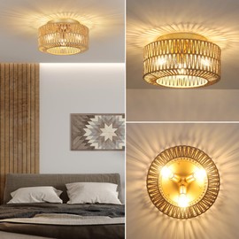PAUFUL PAUFUL Boho Light Fixtures, 3-Light Farmhouse Rattan Ceiling Light, Flush Mount with Hand-Woven Shade, Modern Chandelier for Living, Bedroom, Entryway, Kitchen, Nursery