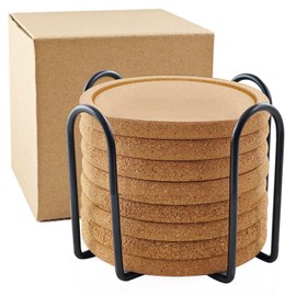 HILELIFE Cork Coasters for Drinks, 8 Pcs Coaster Set with Holder, 4 inches Reusable Drink Coasters for Wooden Table Coffee Table (Brown-8p)