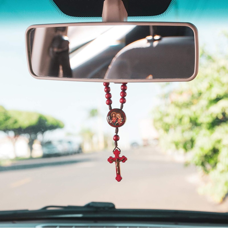 Intercession Car Rearview Mirror Rosary (Sacred Heart - Red)