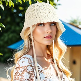 DOCILA Straw Bucket Hat Women Solid Color Straw Sun Hat Packable Hollow Out Summer Beach Travel Fisherman Sunshade Cap String