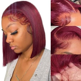 99J Burgundy Bob Wigs Human Hair 12inch 99J Straight Brazilian Hair 13x4 HD Transparent Lace Bob Wig Human Hair 180 Density Lace Front Wig for Women Short Bob Wig Pre Plucked With Baby Hair