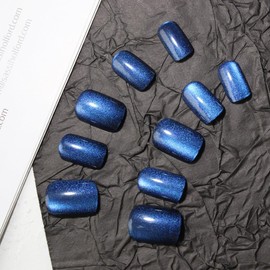 Cat Eye Press on Nails Short Square Fake Nails Blue False Nails Glitter Design Full Cover Shiny Glossy Glue on Nails for Women 24PCS