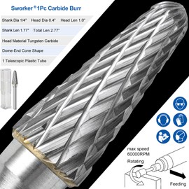 Sworker 1Pc 1/4 Carbide Burr Set 1/4" Shank Head Dia 0.4" Dome-End Cone Die Grinder Bits Rotary Tools Attachment Kit Rasp Accessories Metal Wood Stone Steel Grinding Deburring Cutting Porting Carving