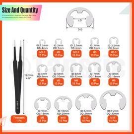 Tanstic 210Pcs 14 Sizes E-Clip External Retaining Ring E Clip Assortment Stainless Steel E-Clip for Bearings, Gears, Shafts(M1.5 M2 M2.5 M3 M3.5 M4 M5 M6 M7 M8 M9 M10 M12 M15)