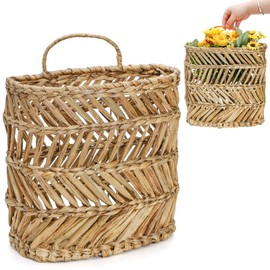 YOUEON Large Woven Hanging Storage Basket, 12x5x14 Inch Natural Water Hyacinth Wall Basket with Sturdy Iron Frame, Handwoven Front Door Flower Baksets for Home Garden, Boho Decor