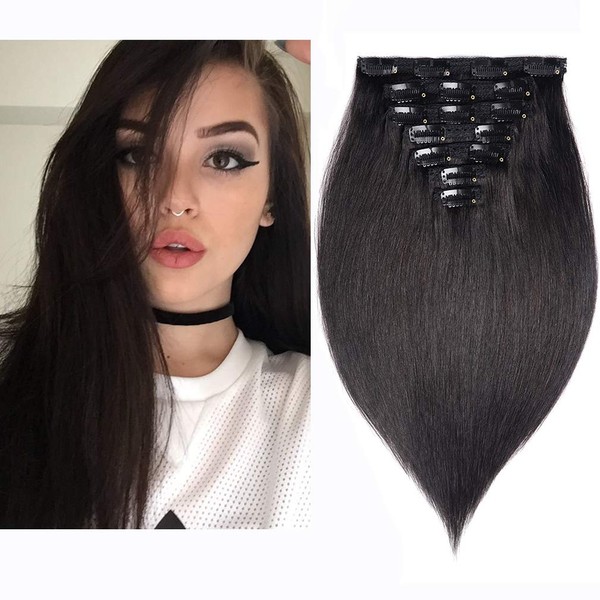 20" Clip in Human Hair Extensions Full Head 180g 7 Pieces 16 Clips Natural Black Double Weft Brazilian Real Remy Hair Extensions Thick Straight Silky (20" 180g, 1B)