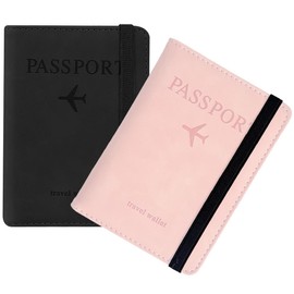 2 PCS Passport Holder with SIM Slot, RFID Passport Cover Wallet, PU Leather Passport Book Card, RFID Blocking Travel Wallet, Things Protector for Family Travel (Pink+Black)