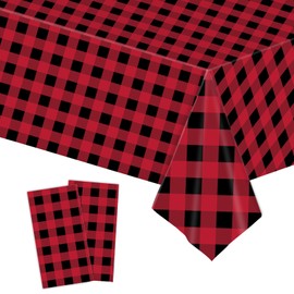 2pcs 137*274cm Red Black Checkered Table Cloth Party,Square Plastic Table Cloth Wipe Clean,Gingham Pvc TableCloths Rectangular Waterproof Plaid Table Cover for Birthday Christmas Party TableCloth