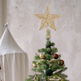 Christmas Tree Star Topper Lighted Glowing Tree Top Star Xmas Glittered Gold Hollow Star Led Christmas Ornaments for Indoor Christmas Tree Decoratio