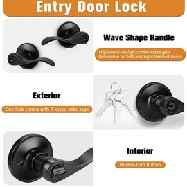Probrico (3 Pack Black Entry Knobs with Lock and Key, Keyed Alike Lockset Combo Pack, Indoor and Outdoor Leversets, Reversible for Both Left and Right Open