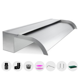 LONGRUNNEW Waterfall Spillway, Stainless Steel Pool Fountain w/Top Open Lip & Pipe Connector Kits for Outdoor/Indoor Decorative, 23.6'' Pool Water Feature for Garden Patio, Backyard Koi Pond Decor