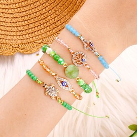 4/12 Pcs Evil Eye Bracelets Fatima Hand Cross Love Heart Infinity Bracelet Lucky Anklet for Women Girls Link Bracelets Adjustable (4Pcs-Style 4)