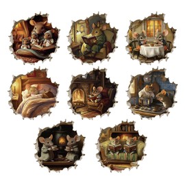 PLIGREAT 8 Pcs 3D Reading Mouse Wall Decal, Cute Sleeping Mouse Hole Wall Sticker Removable Vinyl Peel and Stick Wall Decor for Kids Room Nursery Bathroom Kitchen Home Corner Decoration