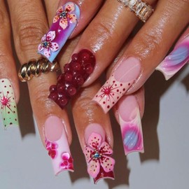 French Tip Press on Nails Long Square Fake Nails Colored Flower Acrylic Nails Full Cover Spring Stick on Nails with Rhinestones Design Reusable Pink False Nails for Women DIY Manicure Salon 24Pcs