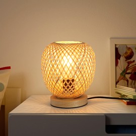 Bamboo Braided Desk Lamp, Boho Table Lamp Vintage, Wooden Base, Handmade, Creative, E27, Decorative Desk Lamp Retro, for Bedroom, Dining Room, Wedding, Party, Indoor and Outdoor Use