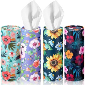 4 Pcs Car Tissues Boxes Travel Cylinder Tissue Boxes 7 x 2.6 Inch Large Capacity Car Tissues Cylinder Holder Hawaiian Floral Style Round Tissue Box for Car Cup Holder Home Bathroom (Flower Style)