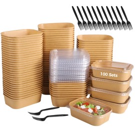 Homaisson 100 Pack 17 Oz Disposable Meal Prep Containers, Kraft Paper Bowls with Lids＆100 Forks, Small Rectangle Food Storage Containers Take Out Serving Bowls for Deli, Salad, Snack Lunch