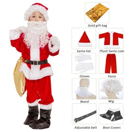KLLOUZE Kids Santa Claus Costume Children's Christmas Deluxe Santa Suit Outfit Party Cosplay Costumes for Boys Kids 9 PCS, Red, Medium