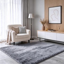 Blue Grey Rabbit Striped Plush Rug 5'x8', Fluffy Shaggy Area Rug for Nursery & Kids Room, Faux Fur Carpet for Girls Bedroom, Living Room, Teen Decor