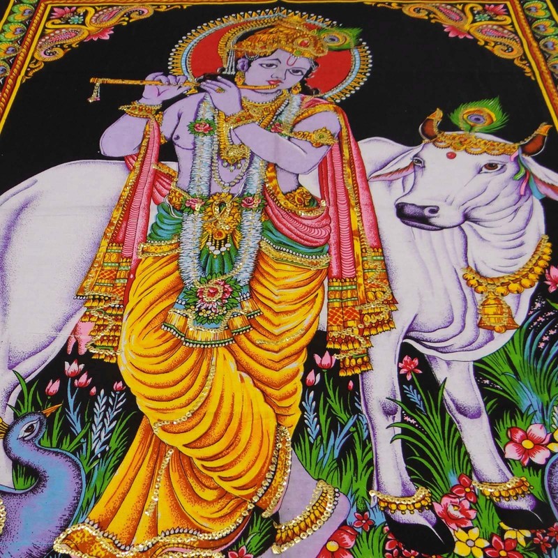 Lord Krishna Indian Decor Cotton Tapestry Poster Size Black Wandbehang