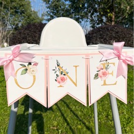 Bandera de acuarela con diseño de flores de una trona alta, color rosa y blanco, decoración de trona alta, lazo rosa, una bandera, suministros para fiesta de primer cumpleaños de niña, decoración de baby shower