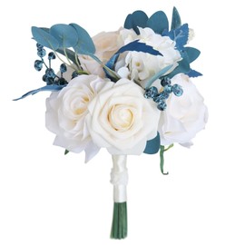 Emivery Dusty Blue Wedding Bouquet Artificial White Rose Blue Eucalyptus Bridesmaid Bouquet Bride Toss Bouquet for Wedding Anniversary Bridal Shower Party