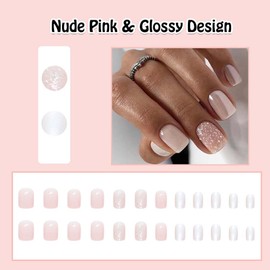 ANDGING Press on Nails Pink Square Short Medium Nude Fake Nails for Women with Glossy Design fake nails Coffin Acrylic False Nails Manicure Press on Nail stick on nail for Wedding 24Pcs B63