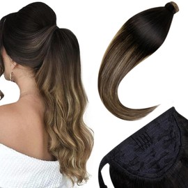 LaaVoo Remy Real Hair Ponytail Ombre Brown Ponytail Extensions Real Hair Black Ombre 35 cm Easy Fit Braid Real Hair Extensions Straight Ponytail Real Hair Black Balayage Brown Blonde #1b/4/27 70 g