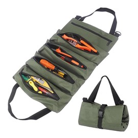 Skibetfo Portable Tool Roll Bag Multi-Purpose Tool Roll Up Pouch Bag Multifunctional Canvas Tool Bag with 5 Zipper Pockets Green Tool Wrap Roll Organiser for Wrench Screwdriver Spanner