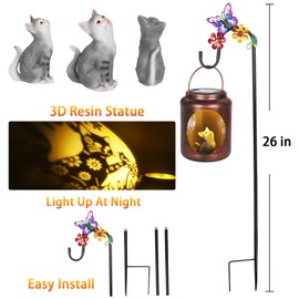 Solar Laterns Outdoor Waterproof Metal Cat Patterns with Resin Cat Inside Garden Decor Gifts for Women Mom Grandma Hanging Solar Lights Decoration Outside for Yard, Patio, Backyard, Porch