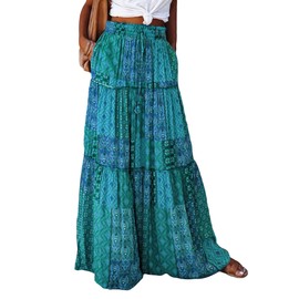 YILEEGOO Women's Bohemian Long Skirts Vintage Long Maxi Elastic High Waist A-Line Skirts Tiered Long Skirts with Pockets Beachwear Skirt (Green, L)