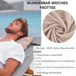 CalmyBEACH Beach Cushion Filled with Attachment Strap - Adjustable Travel Pillow Neck Pillow for Sun Lounger 32 x 20 cm - Camping Cushion Terry Cloth Cover 100% Cotton (Beige)