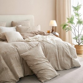 Lanqinglv Double Muslin Bed Linen 135 x 200 cm Cotton 100% Oeko-Tex Bed Linen Taupe White Geometric Pattern Vintage Duvet Cover with Zip and 1 Pillowcase 80 x 80 cm