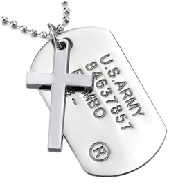 COOLSTEELANDBEYOND Two-Pieces Cross Dog Tag Military Tag Pendant Necklace for Men, Silver Color, 27 inches Ball Chain（CA）