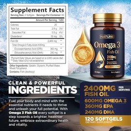 Built by Nature Omega-3 Fish Oil 2400mg – 600mg Omega-3s per Serving – with 360mg EPA & 240mg DHA – Burpless Softgels for Heart & Brain Support – 120 Softgels