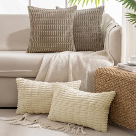 JELLYMONI 2 PCS Throw Pillow Covers, Corduroy Striped Decorative Pillows Cover for Farmhouse Boho Home Decor, Living Room Bed Sofa Couch Pillow Covers 12x20in, Khaki