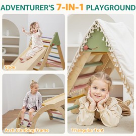 Pikler Triangle Set, Pikler Triangle Climbing Toys Set for Toddlers, Wooden Toddler Climbing Toys Indoor Playground, Foldable Montessori Climbing Set with Arch&Ramp&Ladder, Jungle Gym for Kids