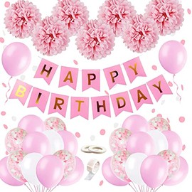 Pink Birthday Balloons Party Decorations Girls, SIMSPEAR Happy Birthday Banner Garland Party Supplies with Tissue Paper Pompoms, Pink Confetti Balloons for Girl Girlfriend Daughter Women Enfant