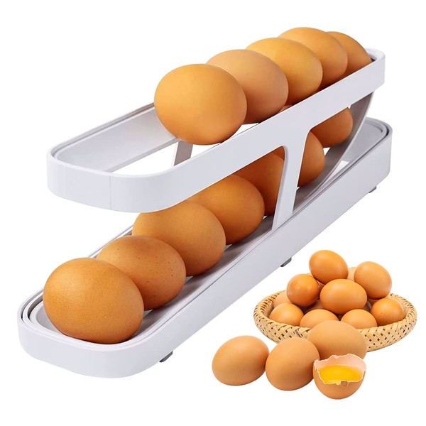CJBIN Egg Container for Refrigerator, Egg Container for Pantry, Fridge Organiser Eggs, Automatic Rolling Egg Dispenser, 2 Tier Egg Rack, Holds 12-14 Eggs