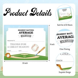 Baseball Award Certificates, Baseball Highest Average, 25 Sport Award Certificates for Students Teacher Teams Employee, Baseball Ceremony & Sports Achievement Supplies -03