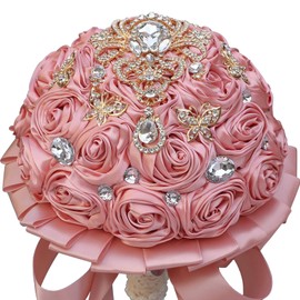 Artificial Everlasting Flower Hand Bouquet for Weddings and Photo Shoots, Crystal Peplum, Pink Rose Satin, Pearl Embellishments, Ribbon to Match, No Watering (Pink)