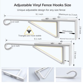 Adjustable (0.9-3") Vinyl Fence Hooks for Hanging Plants, Over the Railing Fence Plant Hangers Outdoor, Black Heavy Duty Coated Steel Patio Hooks for Hanging Bird Feeders, Lights, Basket, Pool Tools