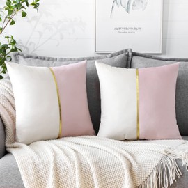 OTOSTAR Pink White Velvet Throw Pillow Covers with Gold Leather Patchwork Luxury Modern Minimalist Square Pillowcase Cushion Covers for Living Room Bed Couch Sofa 18x18Inch Set of 2