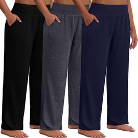 Neer 3 Pack Women Plus Size Wide Leg Yoga Pants High Waist Sweatpants Plus Size Palazzo Pants Lounge with Pockets(Black,Dark Grey,Navy Blue,2x-large)