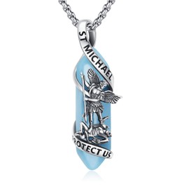 YueYuan Religious Saint Michael Necklace 925 Sterling Silver Saint Patron Saint Pendant Amulet Jewellery Gift for Men Women Blue Striped Stone, One size, Sterling Silver, Crystal
