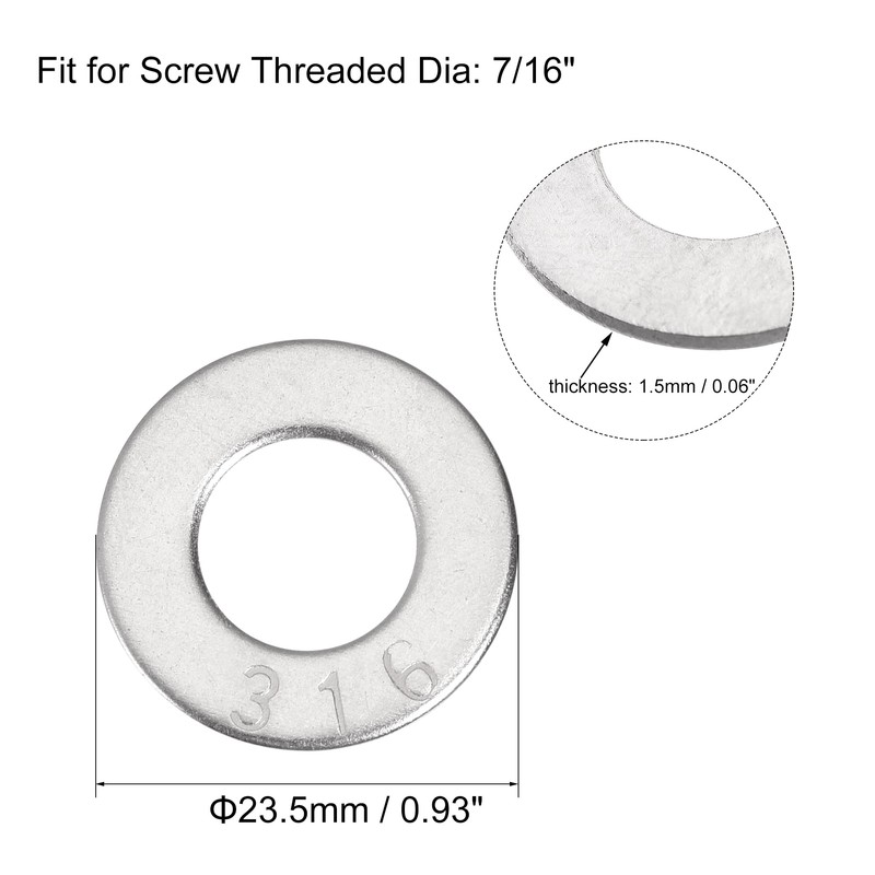 sourcing map 7/16" 316 Stainless Steel Flat Washer for Screw